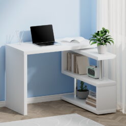Rotatable Corner Desk with Bookshelf - White