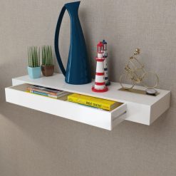Large Floating Wall Display Shelf With Drawer - White