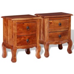 2 Piece Solid Acacia Wood Nightstand with Drawers Set