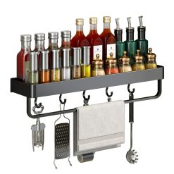 52cm Wall-Mounted Rectangular Kitchen Spice Storage Rack - Black