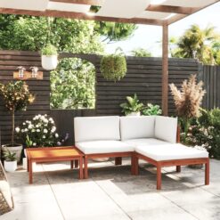 4 Piece Acacia Wood Garden Lounge Set with Cushions Cream &Rope 63x63x30cm - White